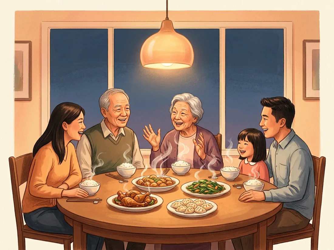 Warm illustration of three generations gathered around a dinner table under a glowing lamp, laughing and sharing stories over steaming dishes
