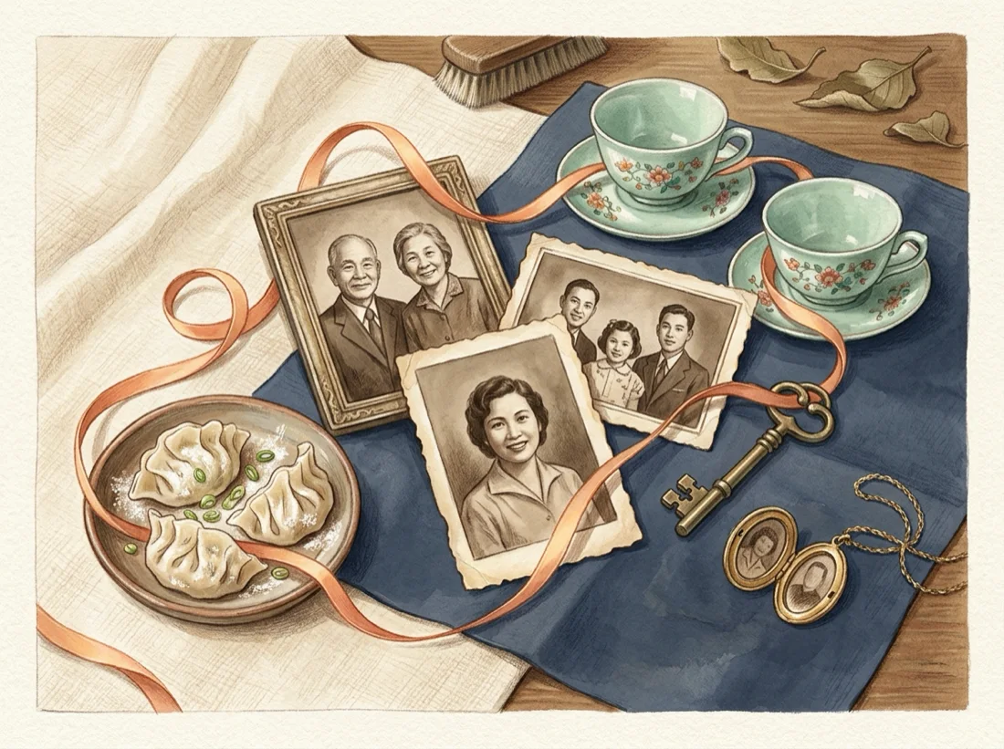 Editorial illustration of vintage family photographs, porcelain teacups, dumplings, an old brass key and a locket woven together by a warm thread
