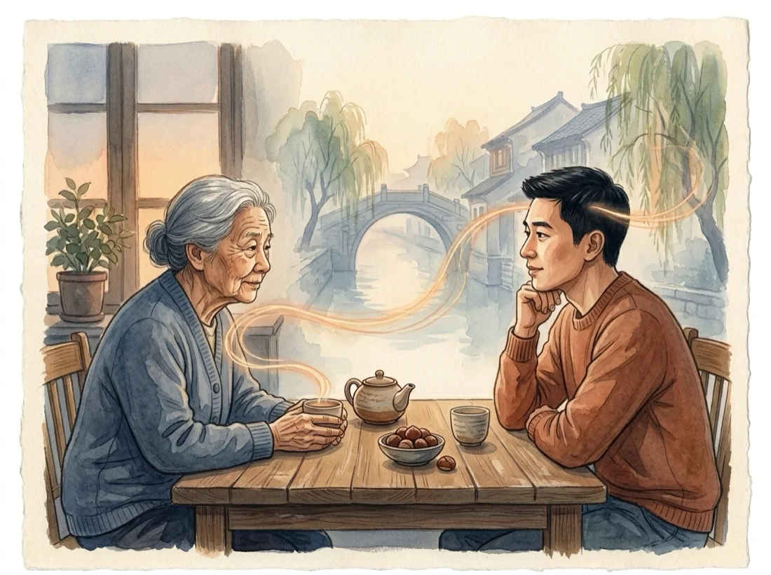 Watercolor illustration of an elder grandmother and her grown grandson across a wooden table with tea, connected by a glowing thread with a misty river village behind them
