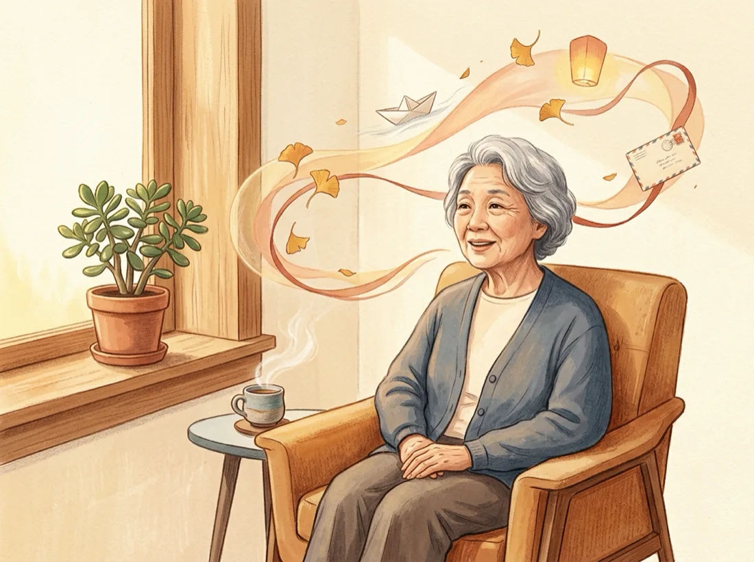 Watercolor illustration of an elder grandmother talking warmly by a sunlit window as a peach ribbon of memories rises into the air