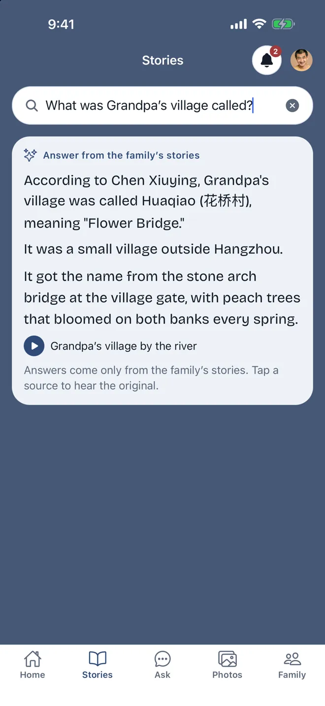 A question about the family answered from what was said, with the recording it came from