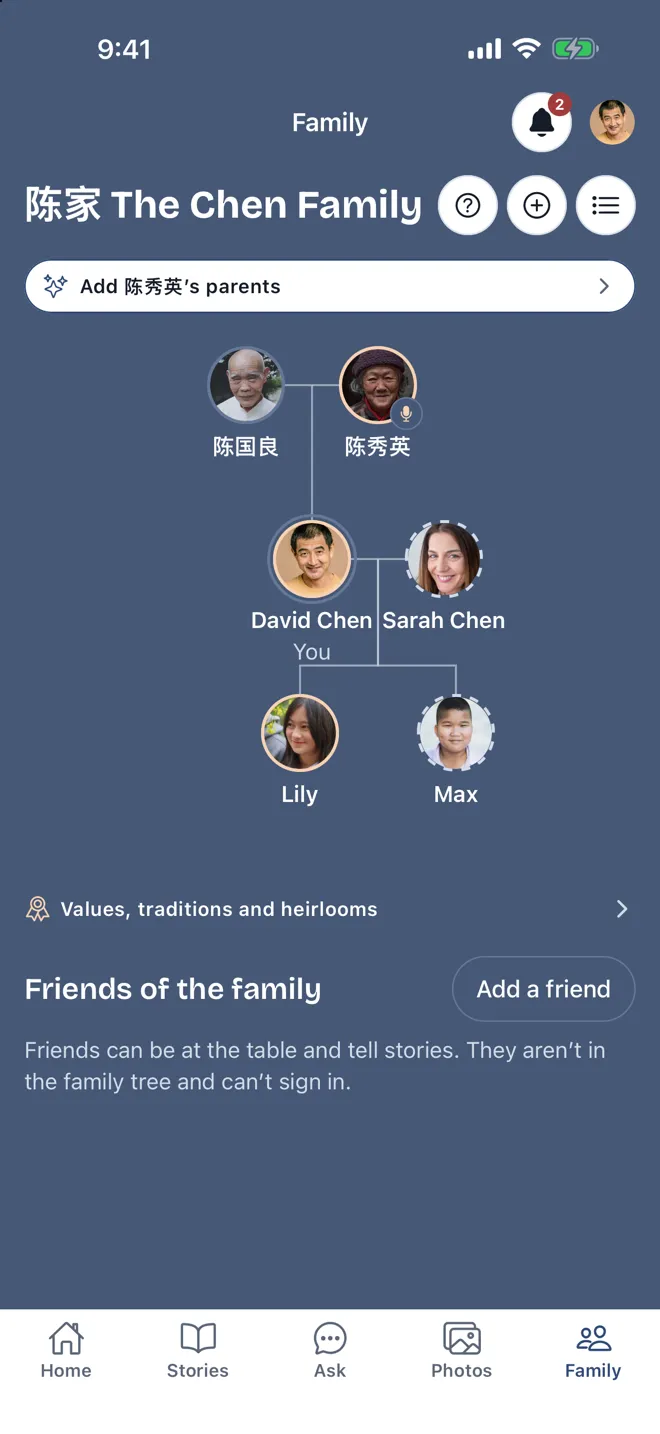 The family tree in the app