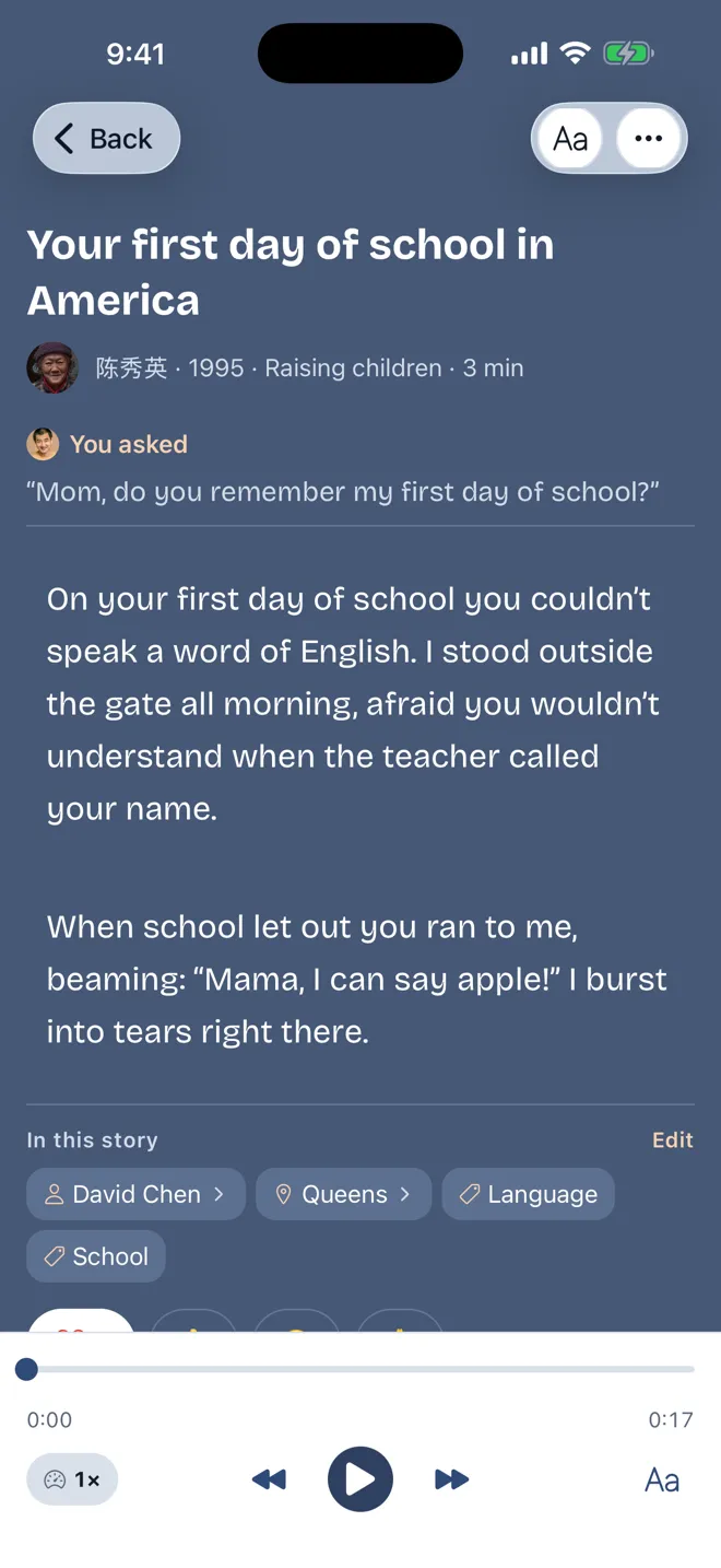 A story in the app, written in English from a recording, with the recording below it